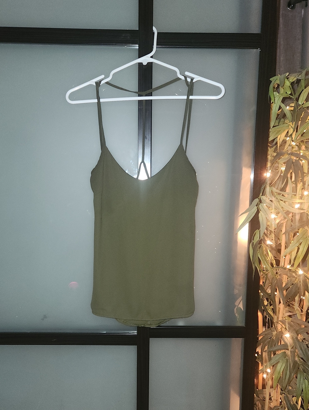 Olive Green V-Neck Camisole Top With Sexy Open Back